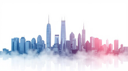 Obraz premium Modern city skyline with skyscrapers in mist and gradient light, urban landscape background, futuristic architecture design illustration