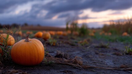 Landscape photograph of a pumpkin patch at sunset. the sky is filled with dark, ominous clouds, and the sun is setting in the background, casting a warm glow over the field.
