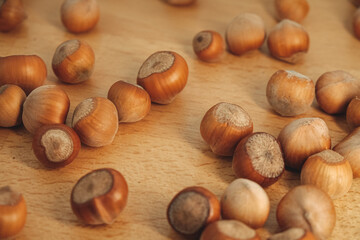 Freshly harvested hazelnuts scattered on a rustic wooden table