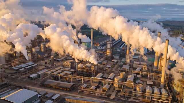 Aerial drone view of paper and pulp industry at dawn, chimneys with steam rising, reflecting industrial power and forestry-based economy
