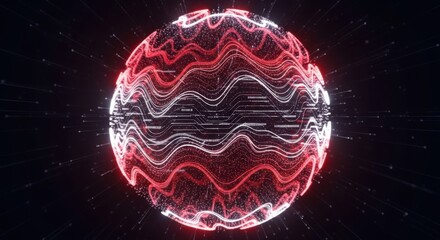 Abstract glowing sphere with red and white wavy lines on black background