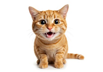 Obraz premium An adorable orange tabby cat with bright eyes and an open mouth, appearing to meow or express surprise, sits against a clean white background.