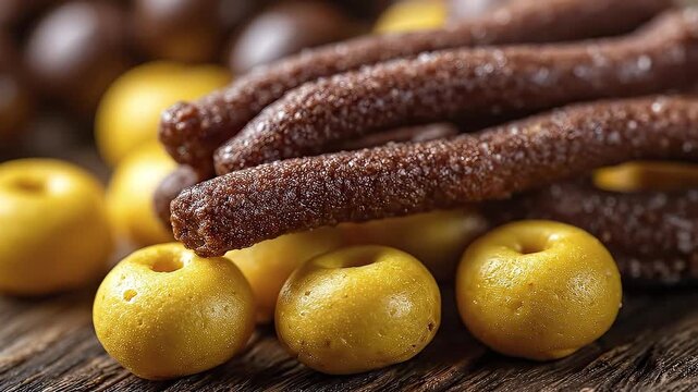 Yellow fruit with holes stacked under brown sausageshaped food on a rough dark wood surface