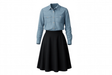 Women's casual fashion outfit featuring a blue denim shirt and a black midi skirt, apparel design on transparent background