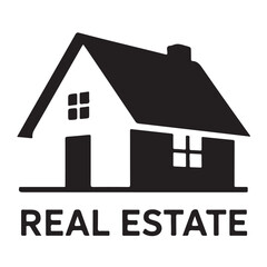 Black and white silhouette icon of a house with windows and a chimney, with real estate text below, isolated on white background technology background