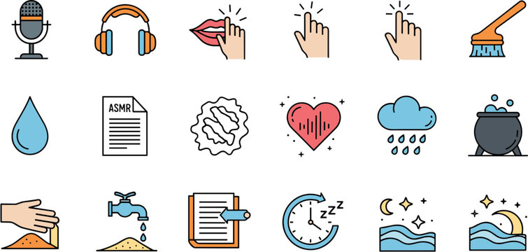 Simple Line Filled ASMR Concept Icon Set and Peaceful Relaxation Illustration