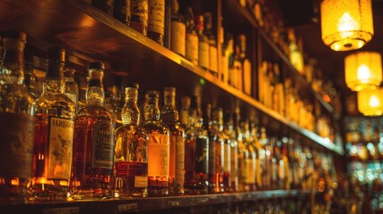 Shelves of liquor bottles in a dimly lit bar