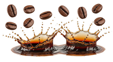 Isolated coffee beans and liquid splash for drink advertisement, caffeinated brown beverage