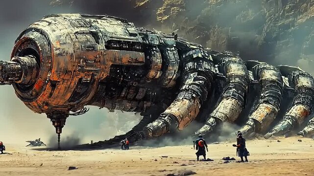 Giant Mechanical Worm Creature Roaming Desert Landscape.