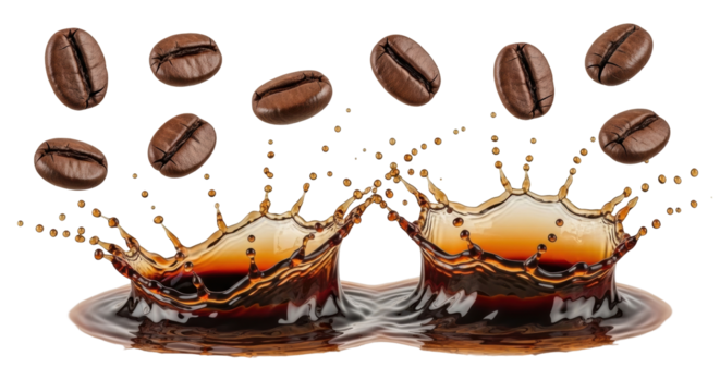 Isolated coffee beans and liquid splash for drink advertisement, caffeinated brown beverage