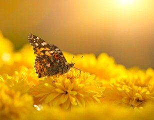 Butterfly on Yellow Flowers in Sunlight.