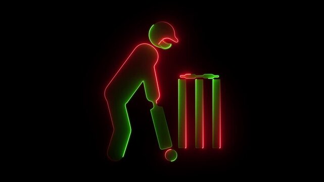 Green red neon glowing cricket batsman and stumps icon, sports cricket player symbol on a black background.