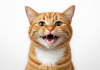 Obraz premium Close-up of an orange tabby cat with its mouth open, revealing teeth, against a white background.