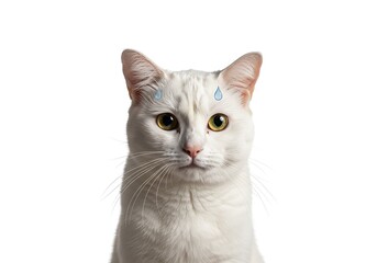 A white cat with digitally added sweat droplets on its forehead, conveying stress or anxiety, isolated on a white background.