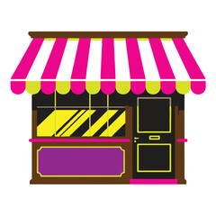 Cartoon storefront with striped awning and display window isolated on white background technology background