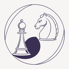 Stylized chess pieces bishop and knight facing each other within a circular frame representing strategy and competition