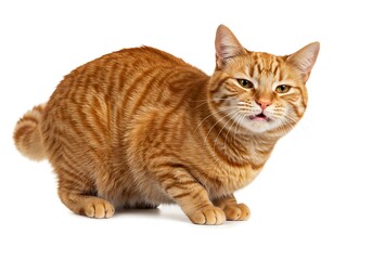 Obraz premium A cute orange tabby cat with a short bobtail sits and looks at the camera with a funny expression on a white background.