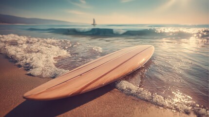 Surfboard on Sandy Beach at Sunrise