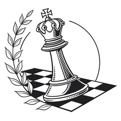 Symbolic black and white illustration of a chess king piece on a chessboard with laurel wreath and circle emblem