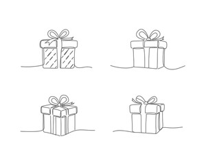 Four hand drawn sketch style gift boxes with ribbons and bows on a white background simple line art illustration