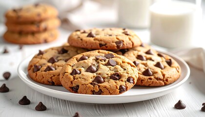 Stacked chocolate chip cookies on a plate, with milk in the background