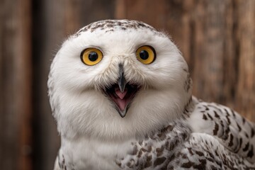 Close-up of a snowy owl with open beak, expressive eyes