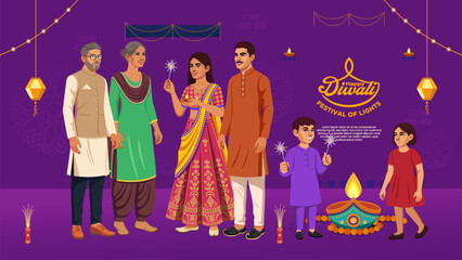 Group of Friends and Children Lighting Diyas - Diwali Celebration Night Illustration