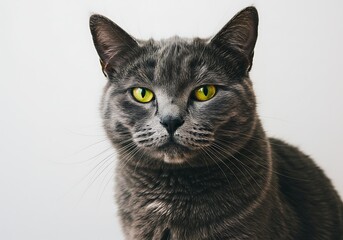 Obraz premium Close-up portrait of a gray cat with striking yellow eyes, looking directly at the camera against a plain white background.