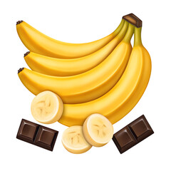 Bunch of ripe yellow bananas with sliced pieces and dark chocolate squares isolated on transparent background