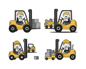 Four cartoon illustrations of a cheerful construction worker driving a yellow forklift truck in different warehouse and construction site scenarios