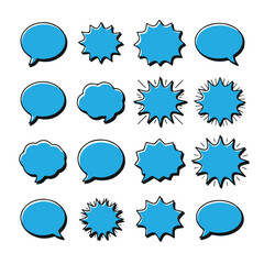 Collection of blue speech bubble icons with different shapes and styles, isolated on a white background technology background