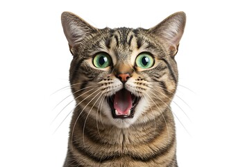 Obraz premium A close-up portrait of a tabby cat with wide green eyes and an open mouth, conveying a look of surprise or excitement against a plain white background.