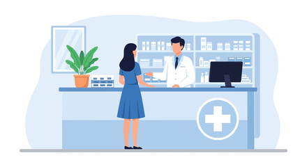 A knowledgeable male pharmacist wearing a white coat assists a female customer at the pharmacy counter with medical supplies neatly displayed on shelves behind them