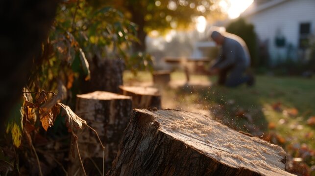 Man working in a garden. he is kneeling on the ground and appears to be cutting down a tree with a chainsaw.