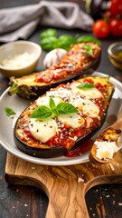 Fototapeta premium Stuffed eggplant halves with tomato sauce and mozzarella