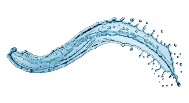 Isolated Blue Water Splash Curved Swirl, Motion Liquid, Droplets, Fresh, Clean, Wave Effect