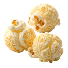 Three fluffy pieces of buttery popcorn clustered together isolated on transparent background