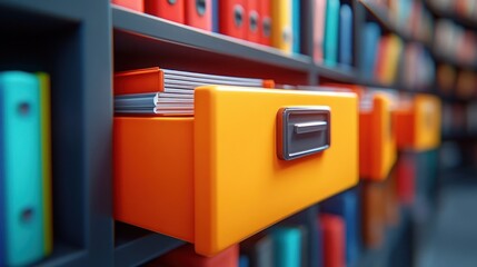 Close-up of organized orange file folders in office filing cabinet drawer.