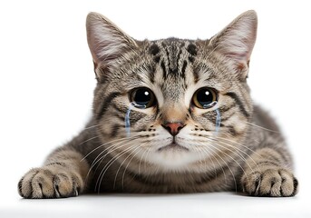 Obraz premium A sad tabby kitten with big, tearful eyes and digitally added tears crying on a white background.