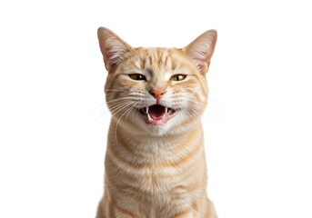 A close-up portrait of a ginger cat with its mouth open, looking amused.