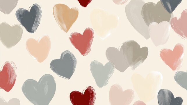 Seamless pattern of multiple heart shapes in different colors. the hearts are arranged in a repeating pattern on a white background.
