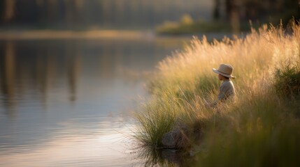 Person sitting on the edge of a cliff overlooking a lake. the person is wearing a white hat and is facing away from the camera.