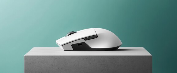 Modern white wireless computer mouse placed on a concrete surface with a teal background.