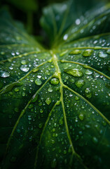 Close-up of dark green tropical leaf with water droplets after rain. Wet foliage natural jungle pattern with visible veins, textured surface. Refreshing image evokes purity, growth, tranquility of