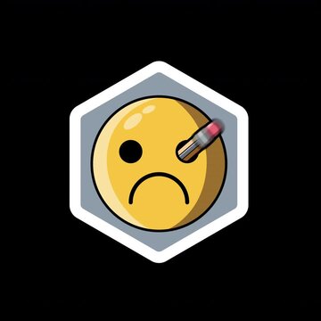 Animated Emoji Badge with Pencil in Eye. Transition from Smile to Frown.