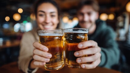 Couple celebrates at a bar while raising their beer glasses in a joyful toast during a lively evening