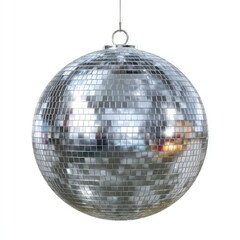 Fototapeta premium Silver disco ball hanging with a thin wire mirror ball
