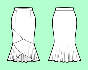 Overlap Panel Pencil Skirt with Asymmetrical Ruffled Flounce Hem Technical Flat Sketch