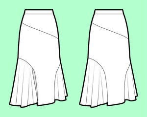 Paneled Skirt with Asymmetrical Yoke and Fluted Hem Godet Inserts Technical Flat