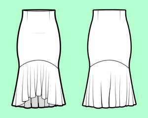 Fitted Midi Skirt with Shaped Yoke and Hi-Low Hem Flounce Technical Flat Sketch
